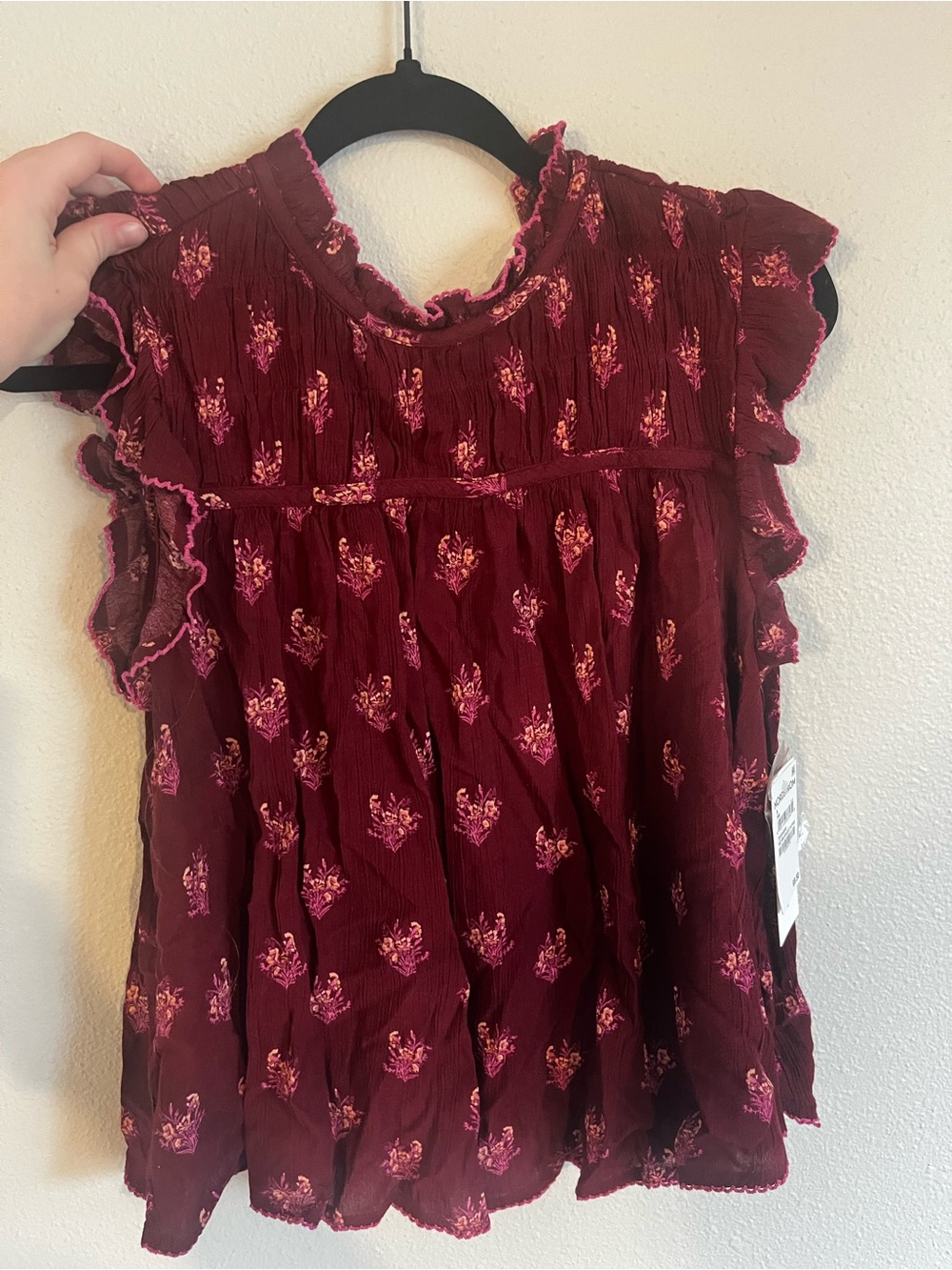 Nordstrom Burgundy Floral Ruffle-Yoke Blouse